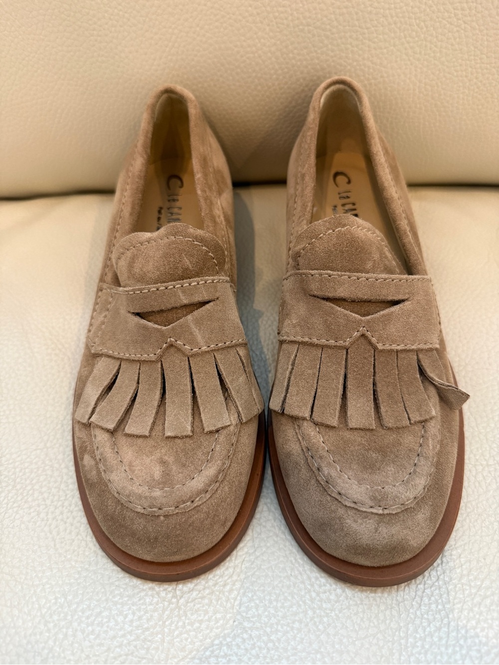 La Canadienne Suede Leather Fringe Loafers Beige Size US 5
